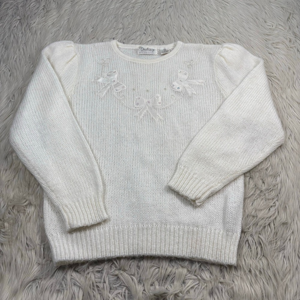 Vintage 90's Destiny Women's M White Bow Embroidered Puff Shoulder Sweater
